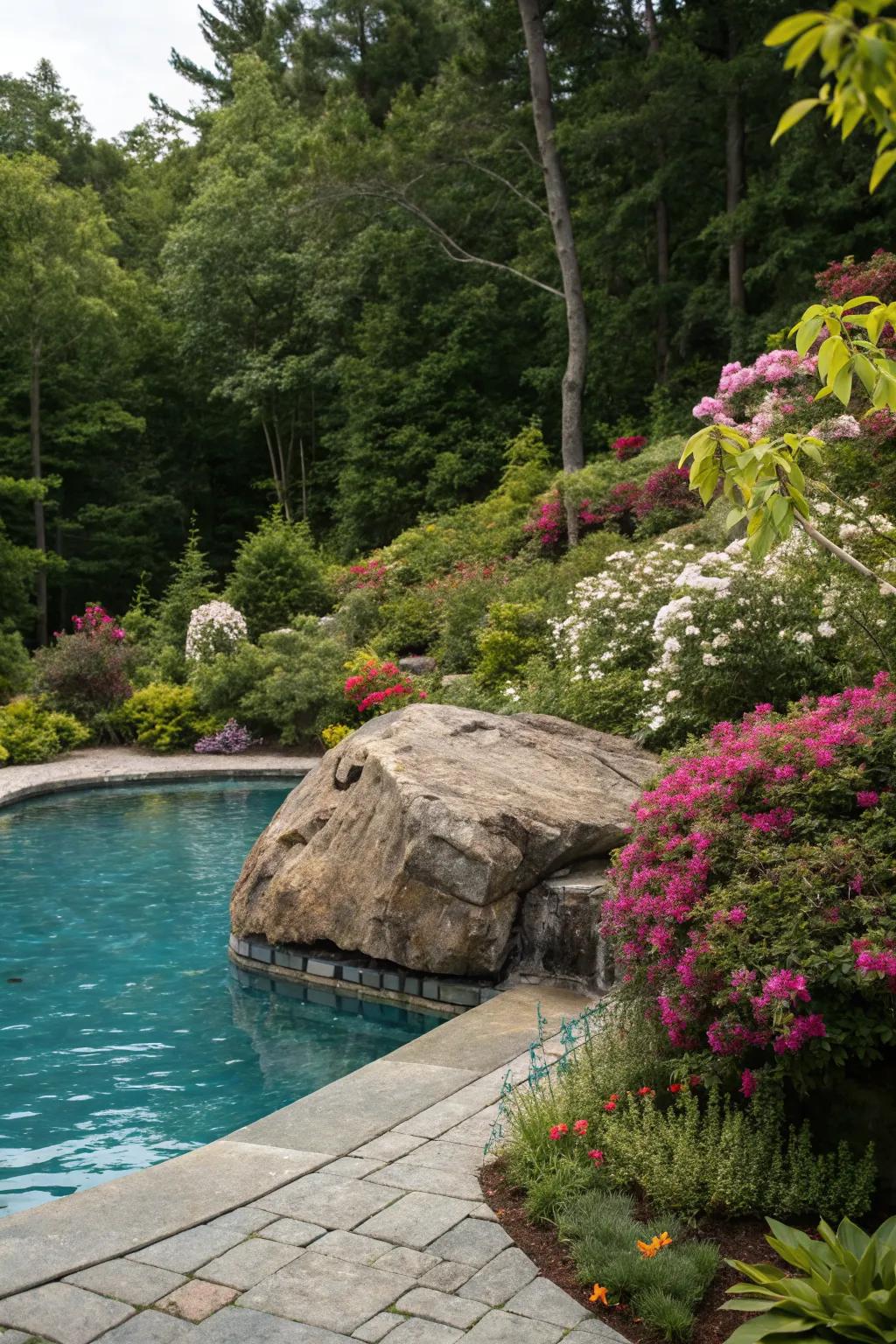 Lush landscaping around a diving rock adds to the natural beauty.