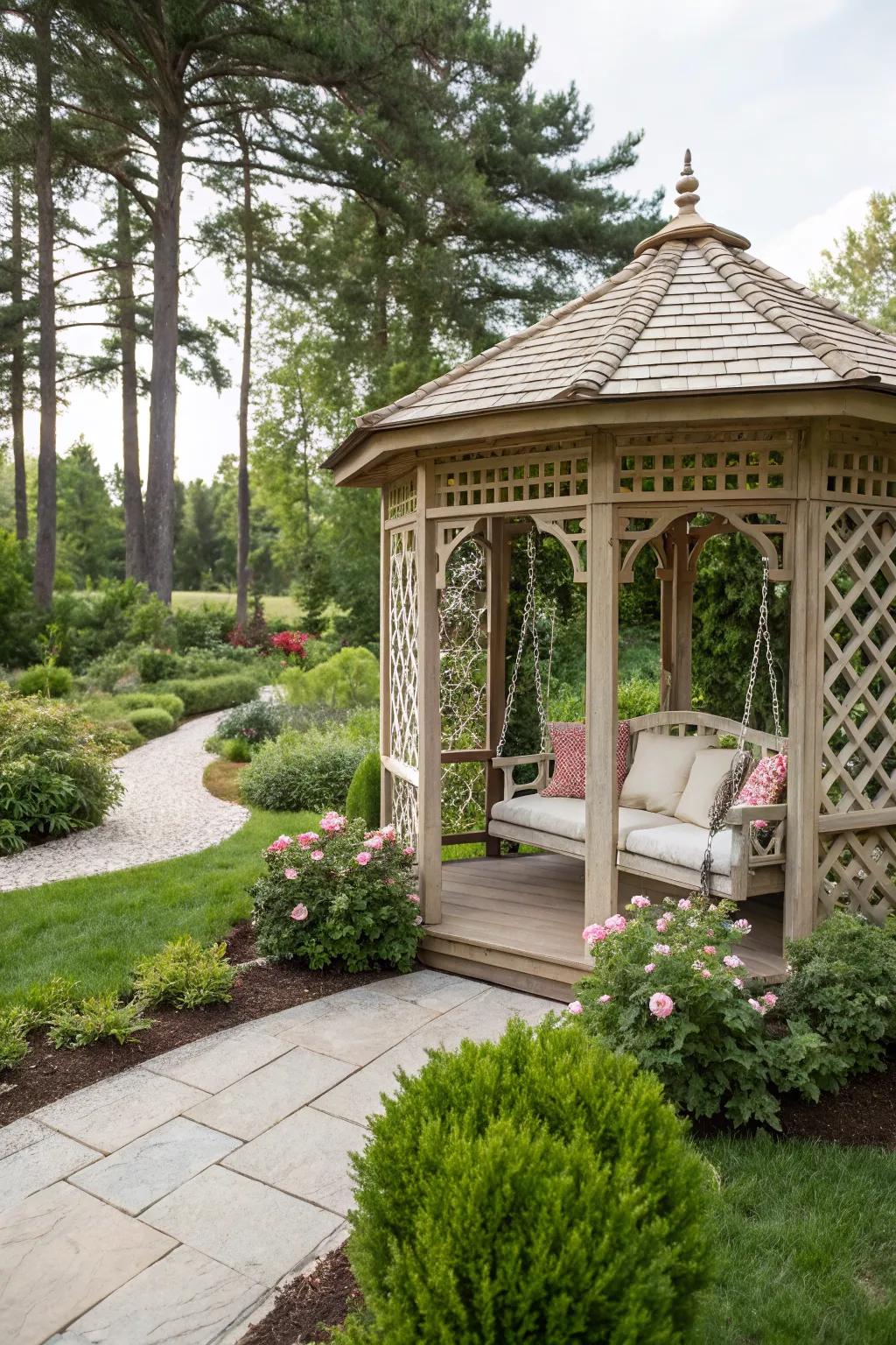 A gazebo featuring a cozy swing, perfect for lazy afternoons.