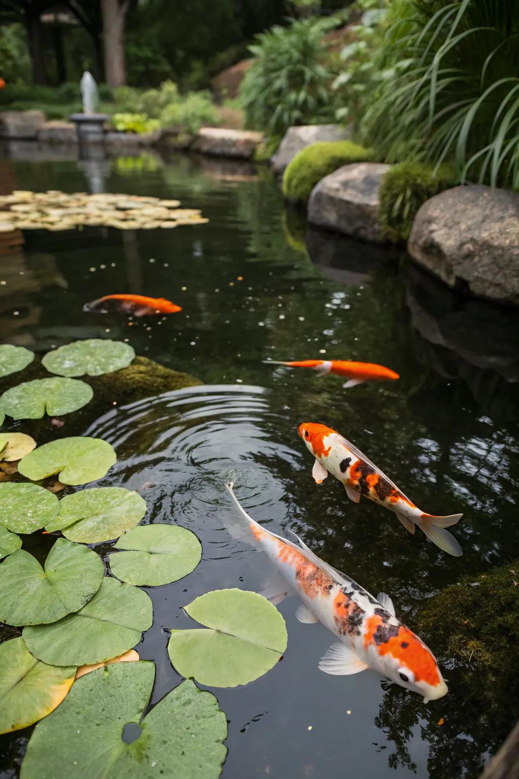 Add vibrant koi fish for a lively pond experience.
