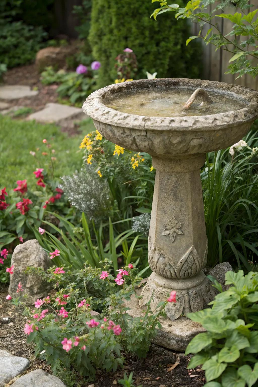 A natural stone basin offers a seamless addition to any garden.