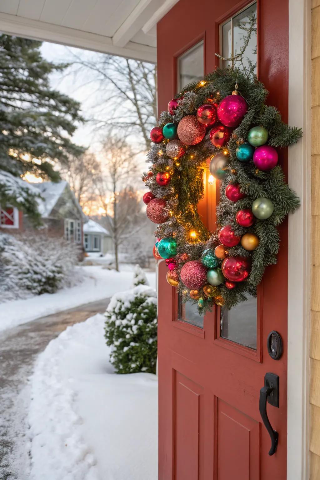 A splash of color: Upcycled ornament wreath.