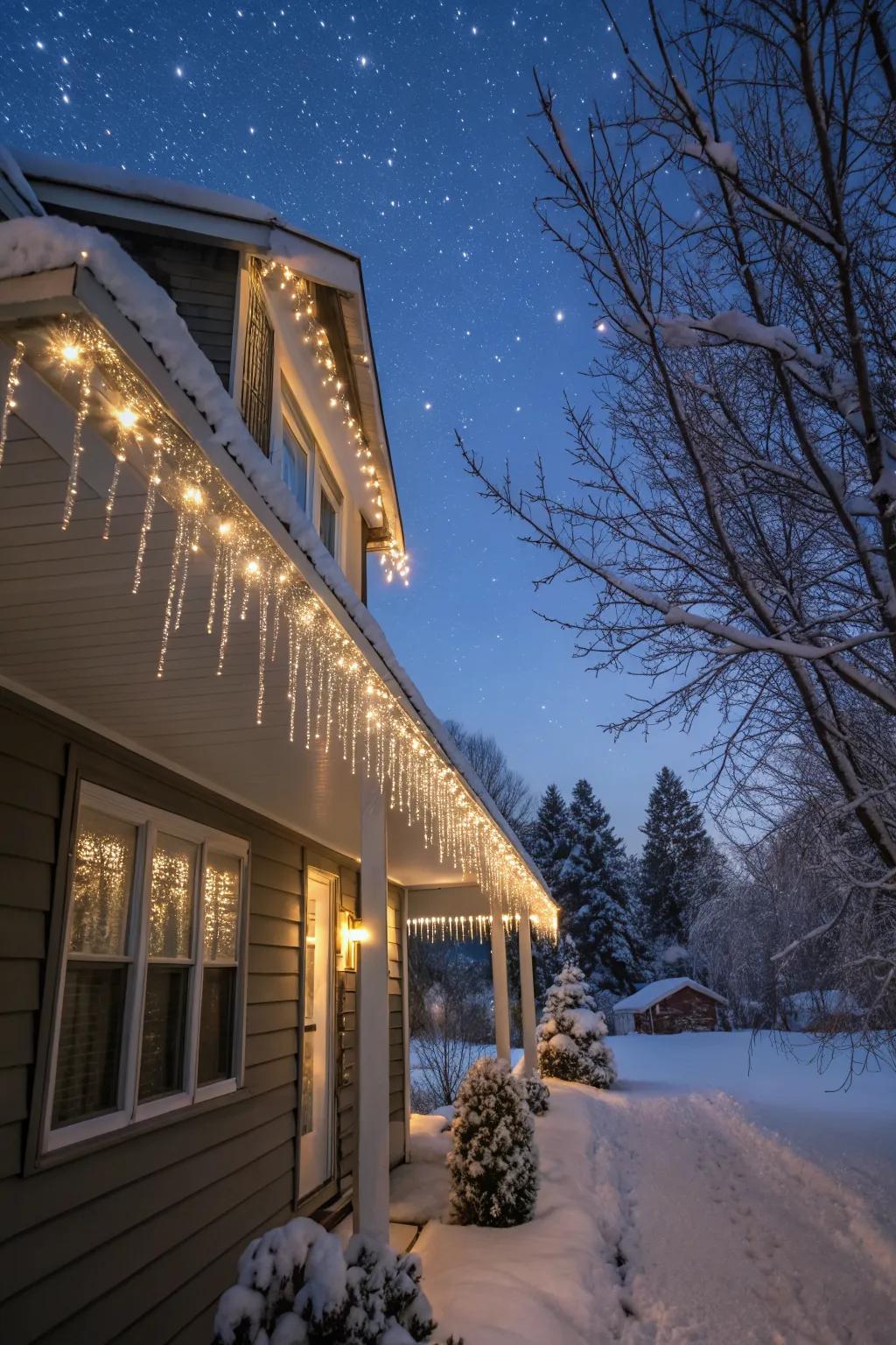 Icicle lights bring a frosty elegance to your home's exterior.