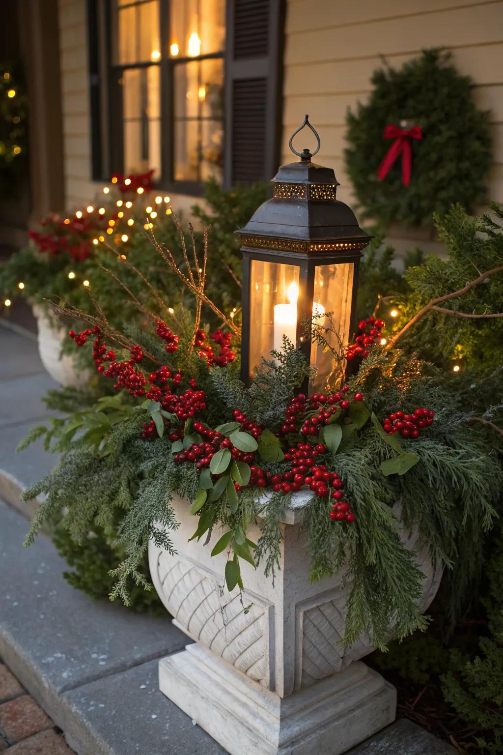 A lantern adds warmth and charm to your holiday planter.