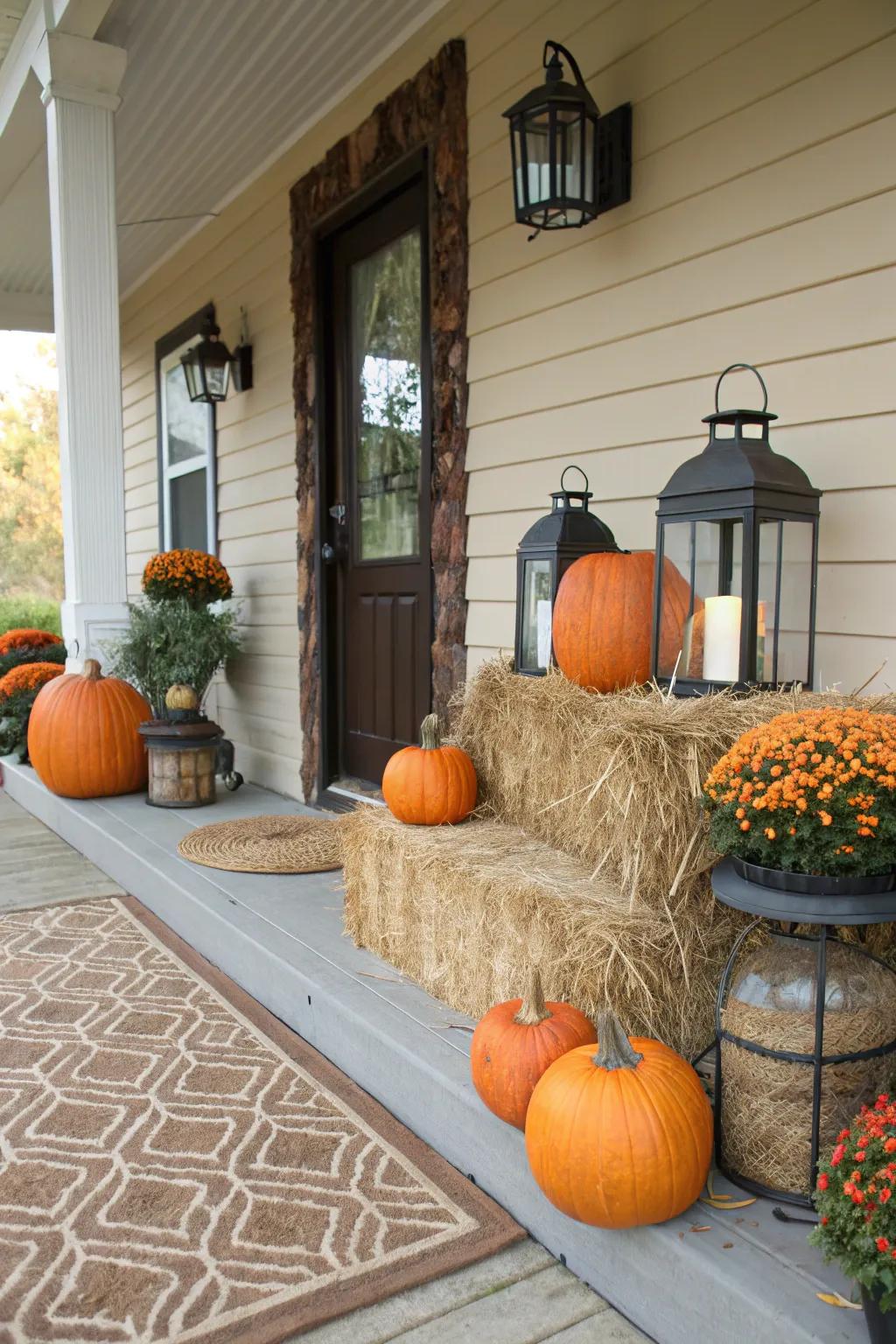 Rustic hay bales supporting fall decorations.