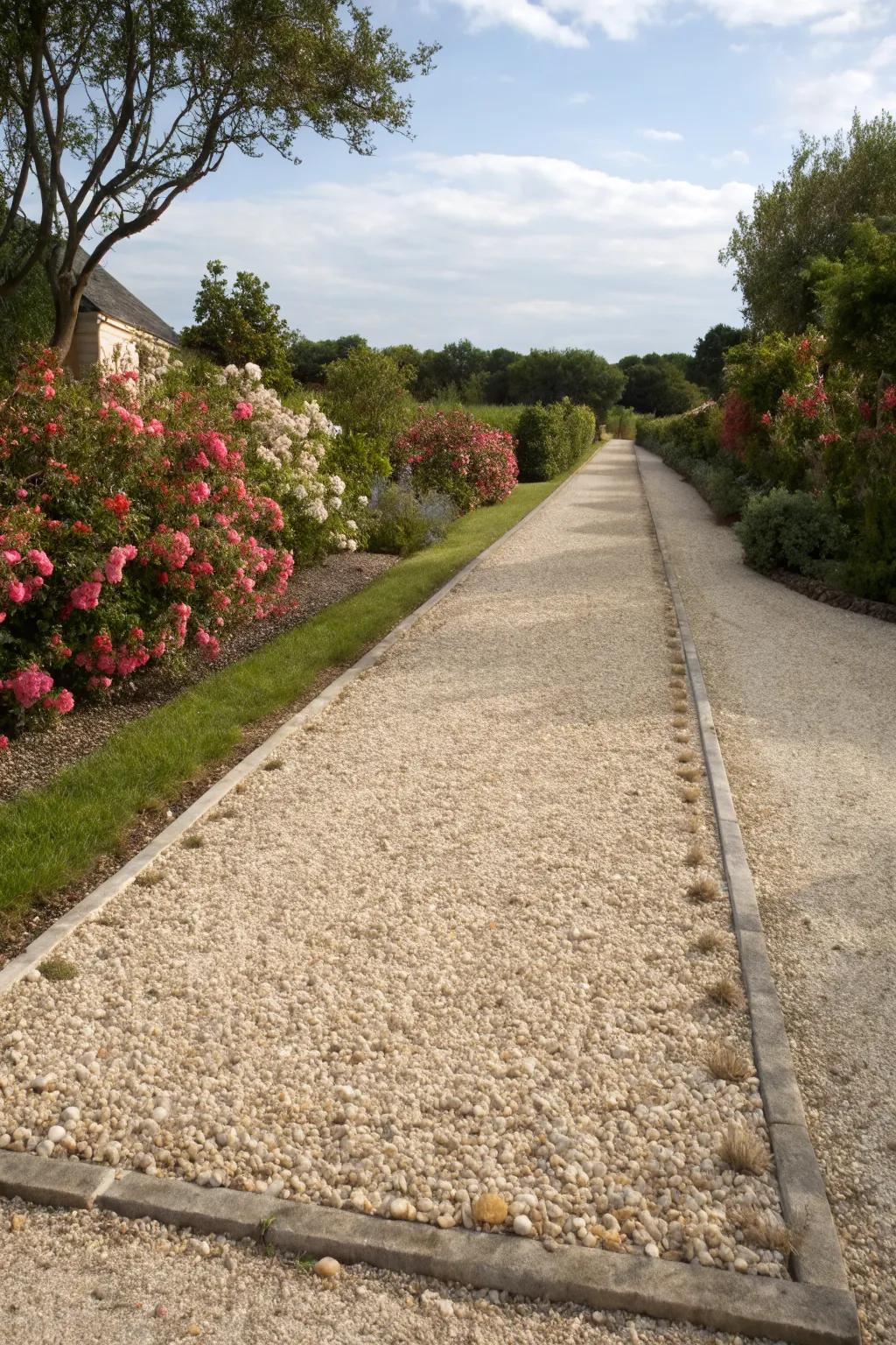 Pebble borders add both beauty and function to gravel driveways.