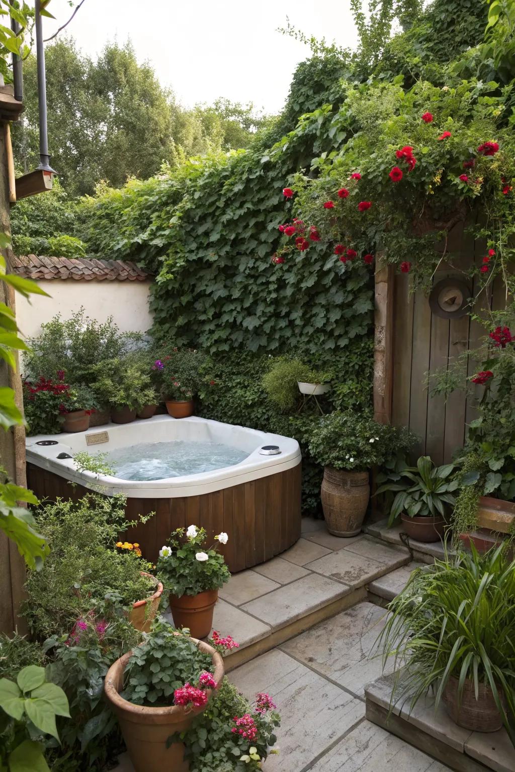 Lush greenery transforms your hot tub into an oasis.
