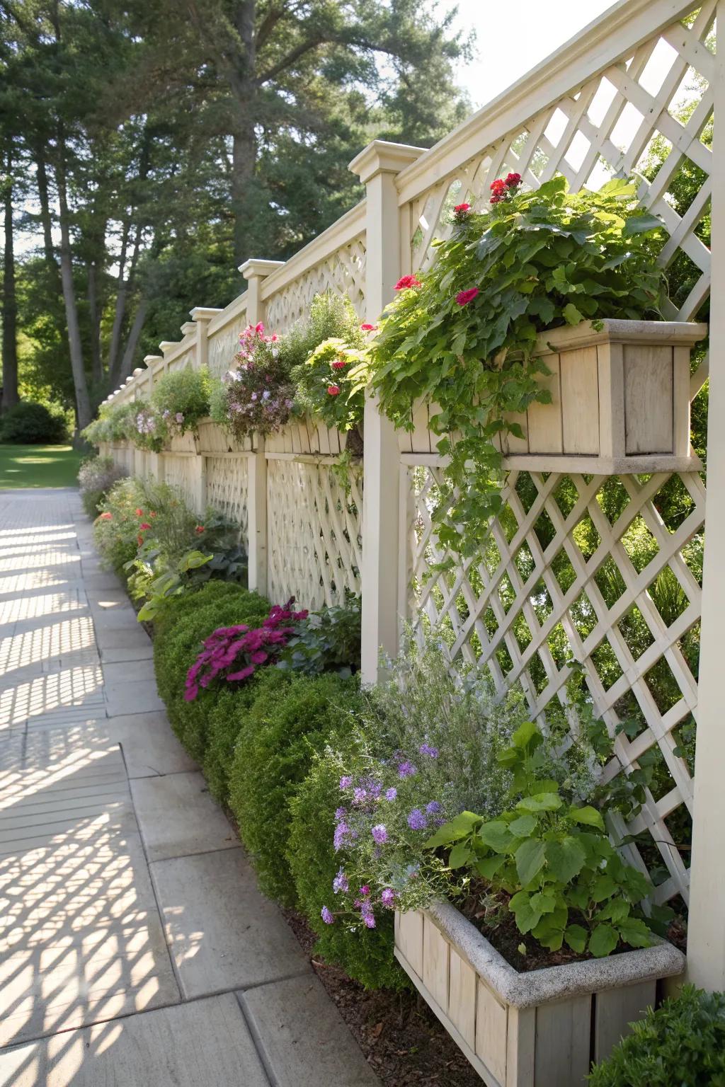 Combine function and beauty with a lattice fence featuring integrated planters.