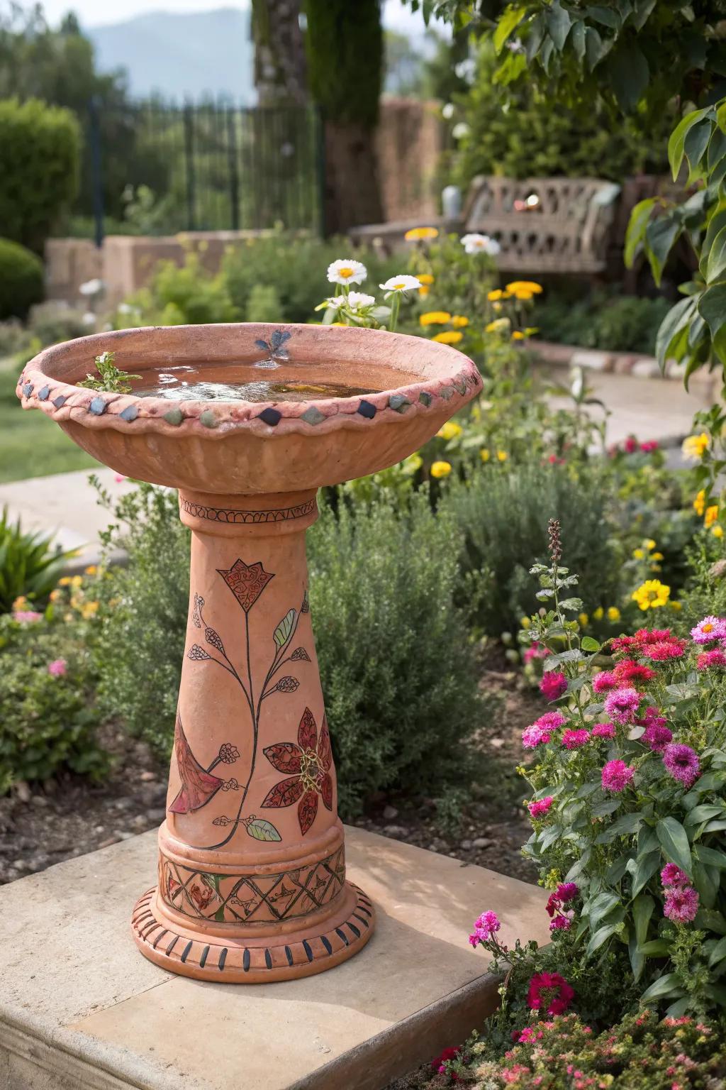 A classic flower pot bird bath with a personal touch.