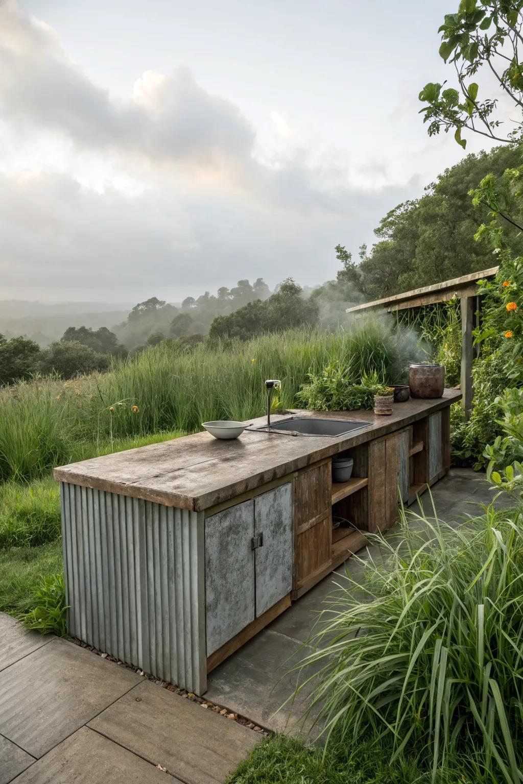 Industrial chic with a unique metal sheet countertop.