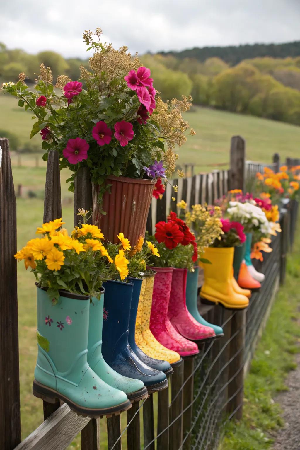 These hanging boot planters bring a playful touch to any garden.