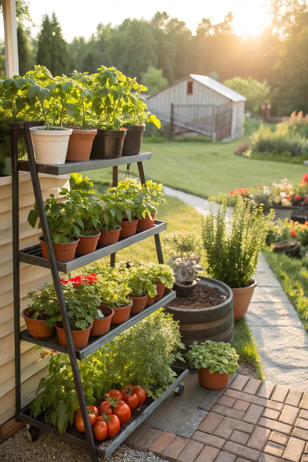 Tiered shelves help you grow upwards and save space.
