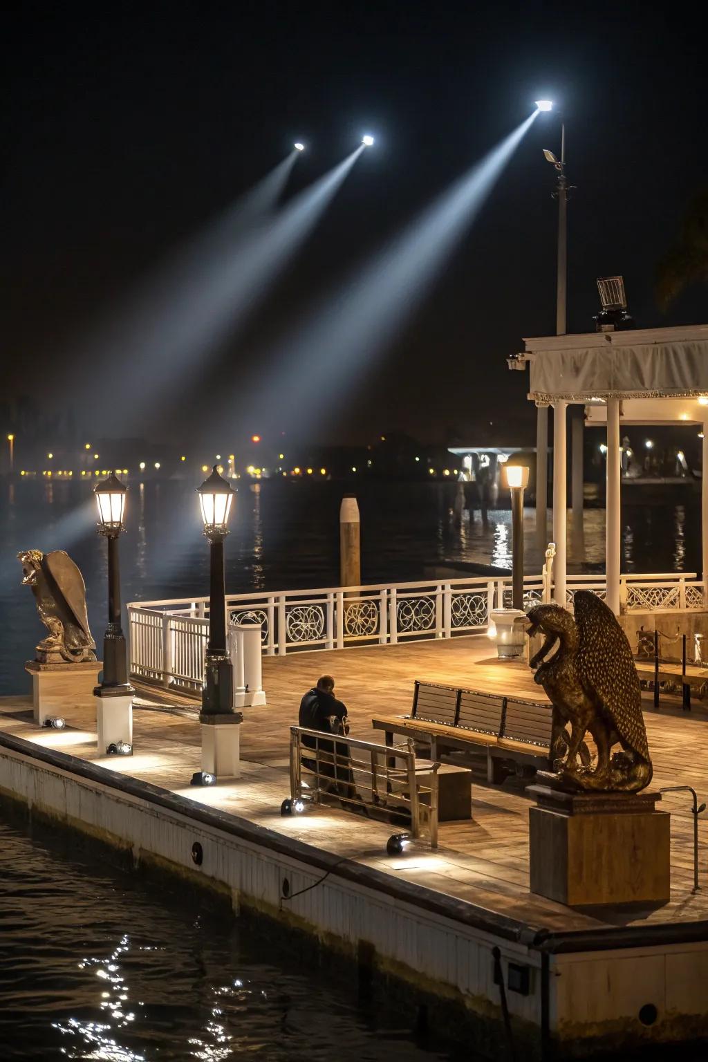 Spotlights highlighting the unique features of a dock.