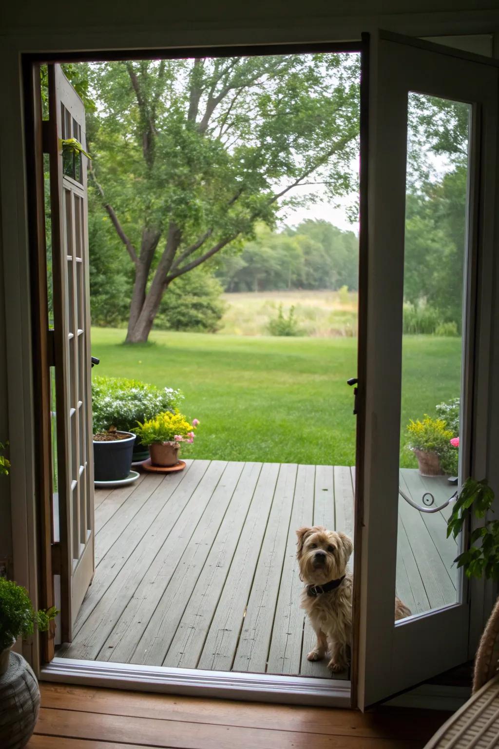 A dog door provides easy access between porch and garden.