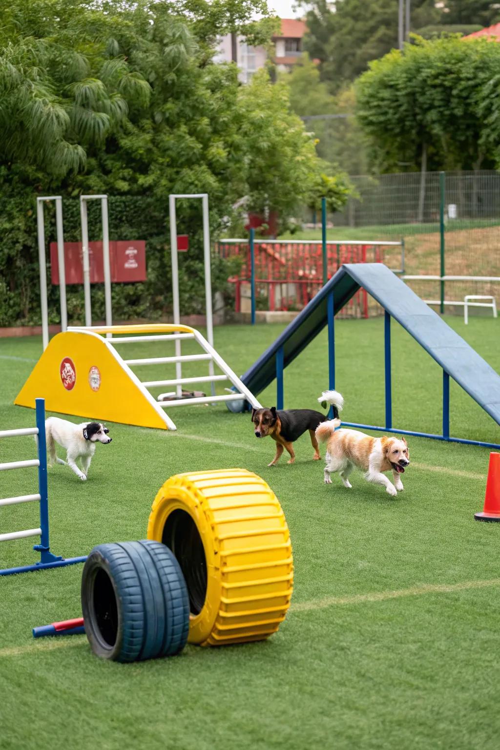 Agility equipment transforms a dog run into a playful paradise.