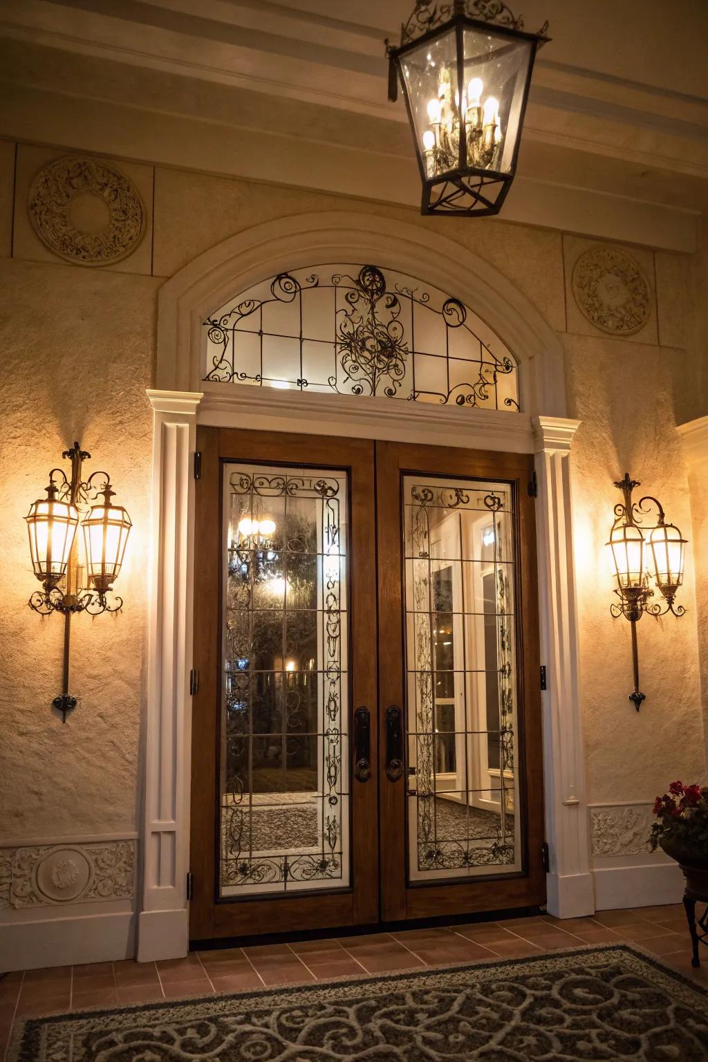 Elegant sconces light up the double front porch, enhancing its evening charm.