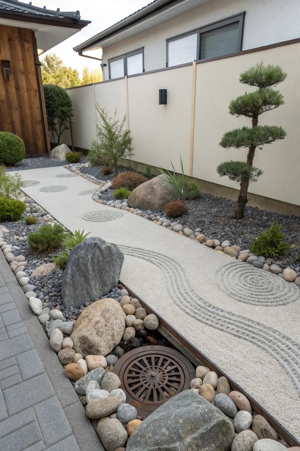 Decorative gravel provides a tranquil solution to visible drain covers.