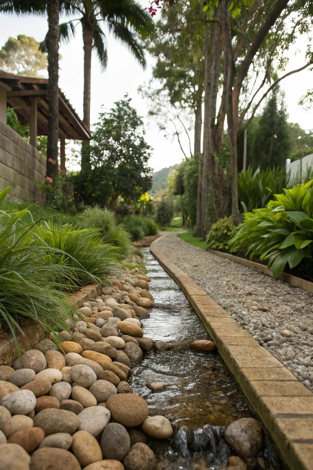 Pebble pathways serve as both walkways and drainage channels.
