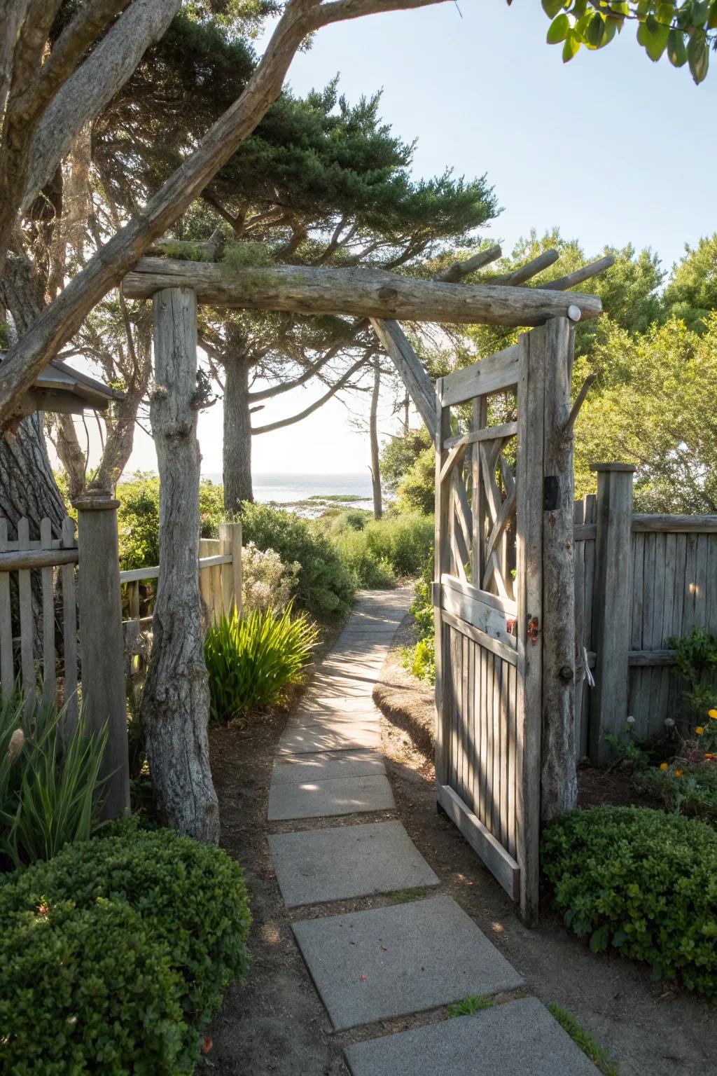 A driftwood gate welcomes you to a serene garden.