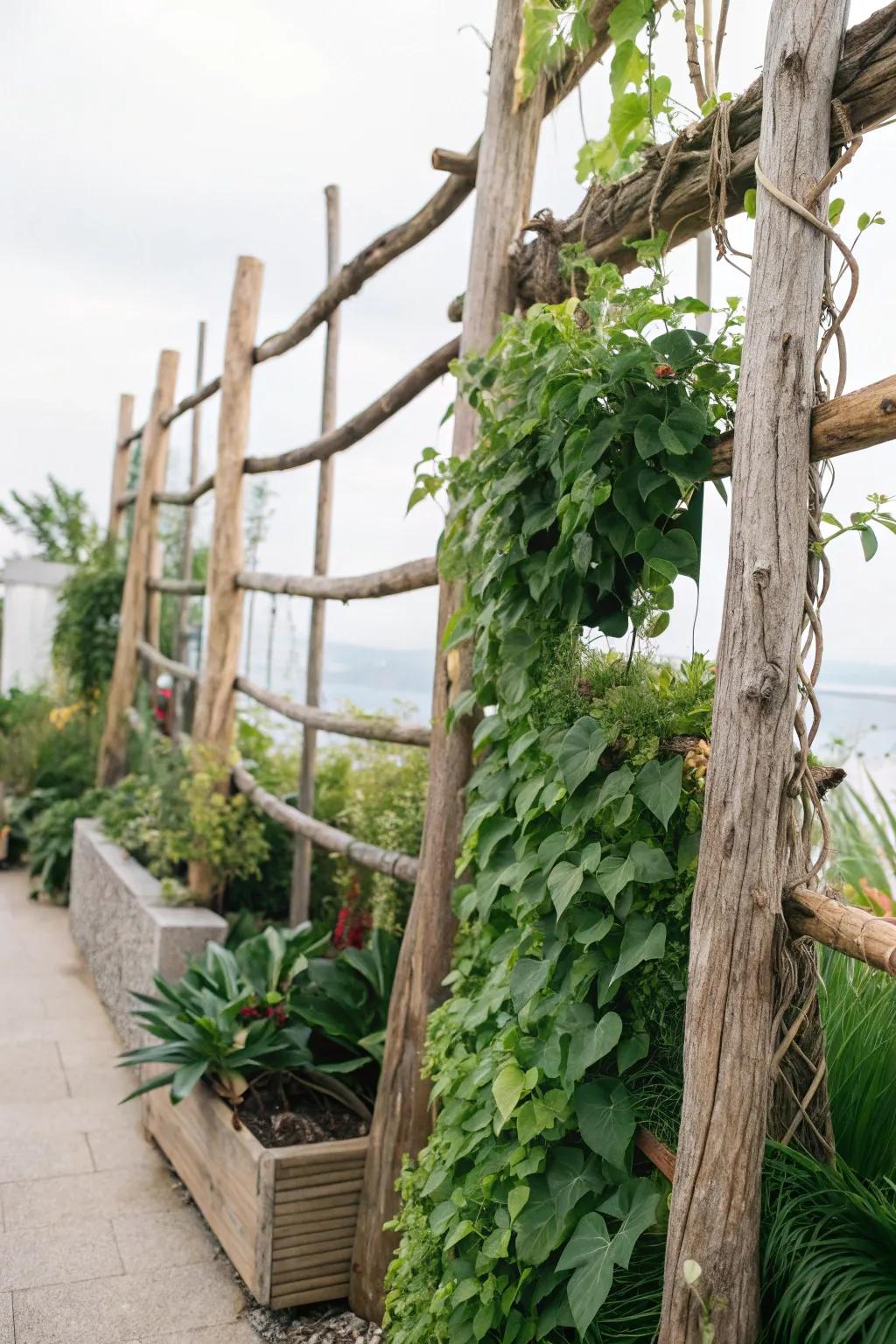 A vertical garden enhanced by driftwood supports.