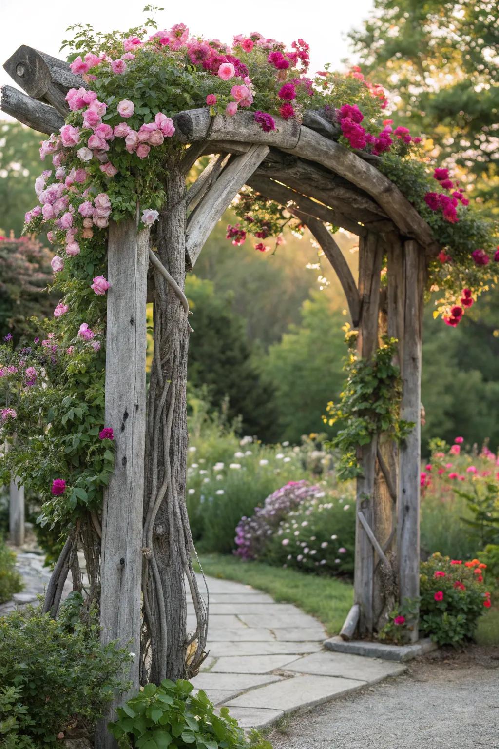 A magical driftwood archway adorned with flowers.