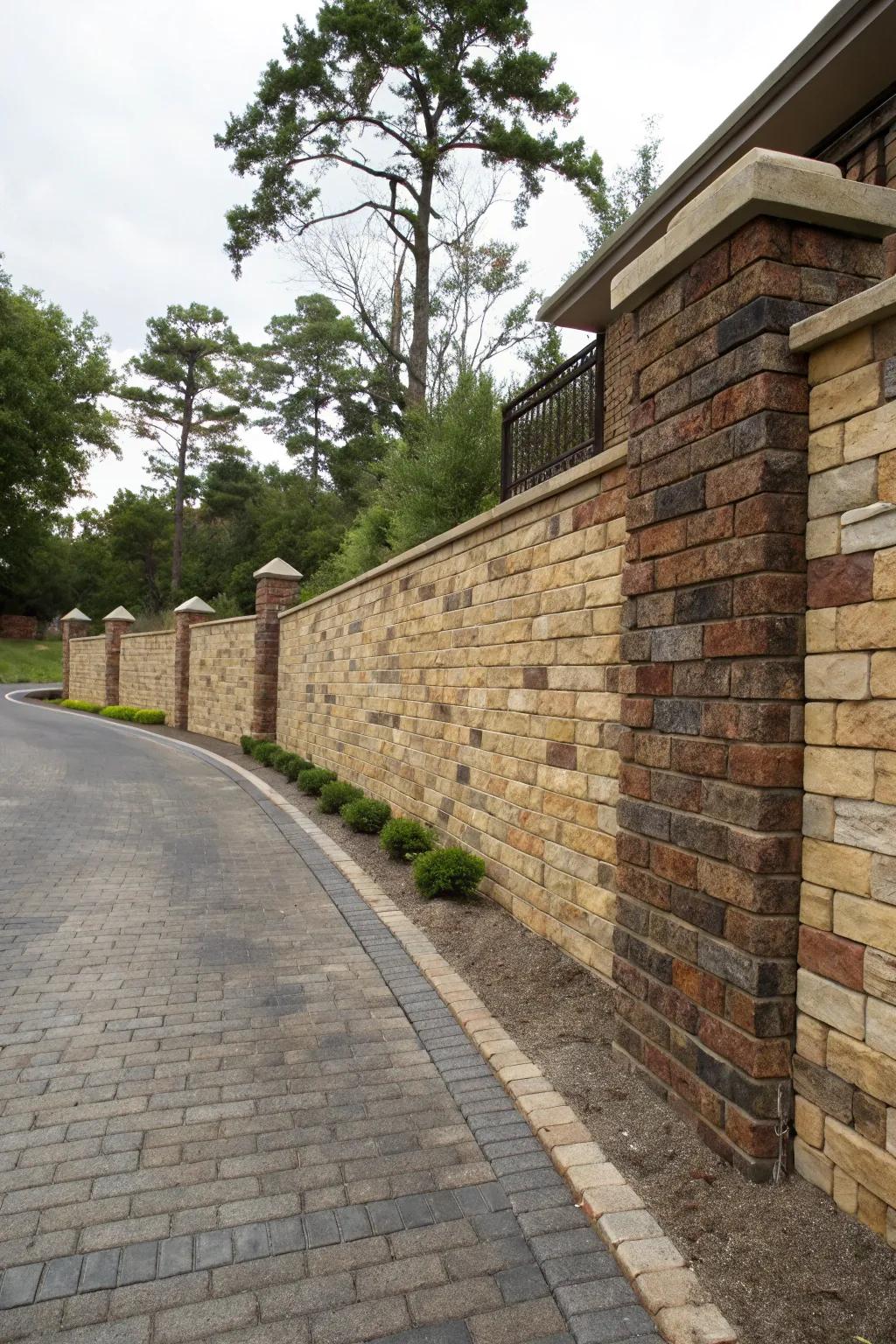 A driveway wall showcasing the beauty of varied brick colors and textures.