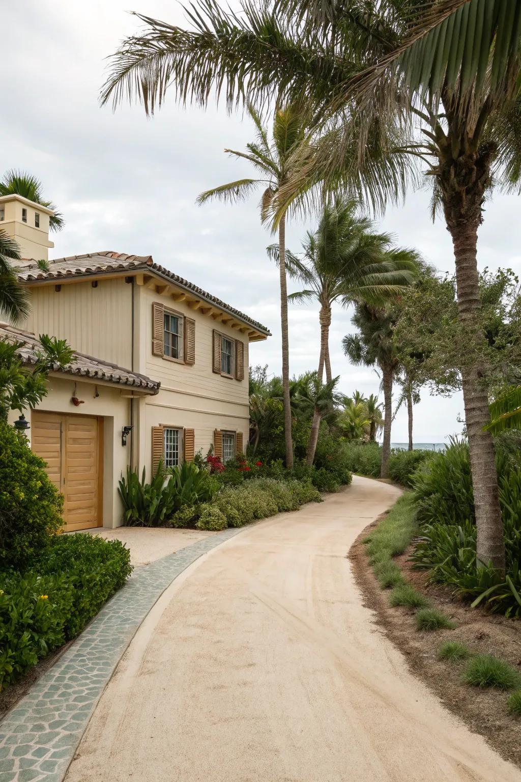 Sandy beige driveways create a warm, inviting feel.