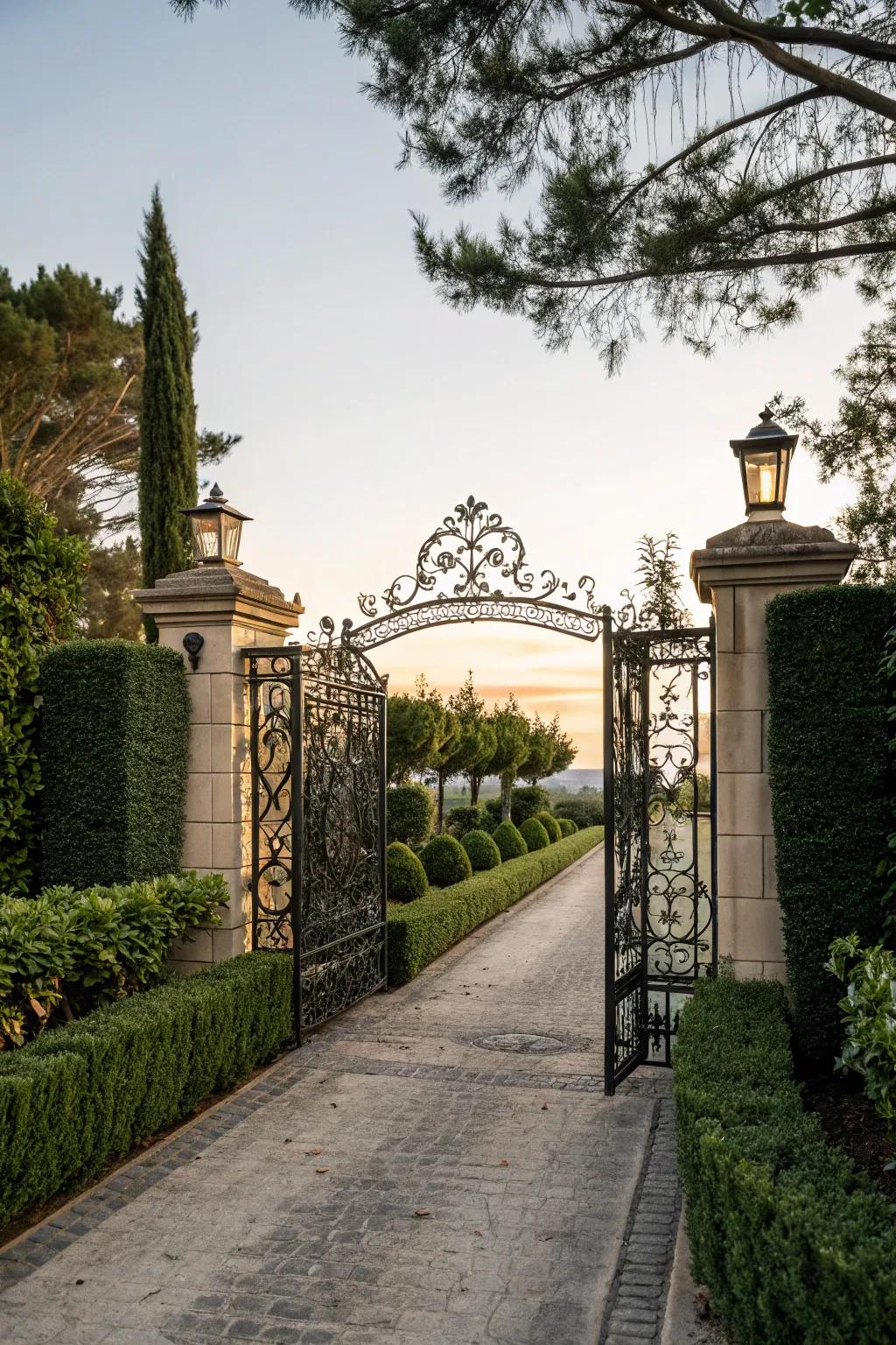 Decorative gates provide an elegant touch to driveway entrances.
