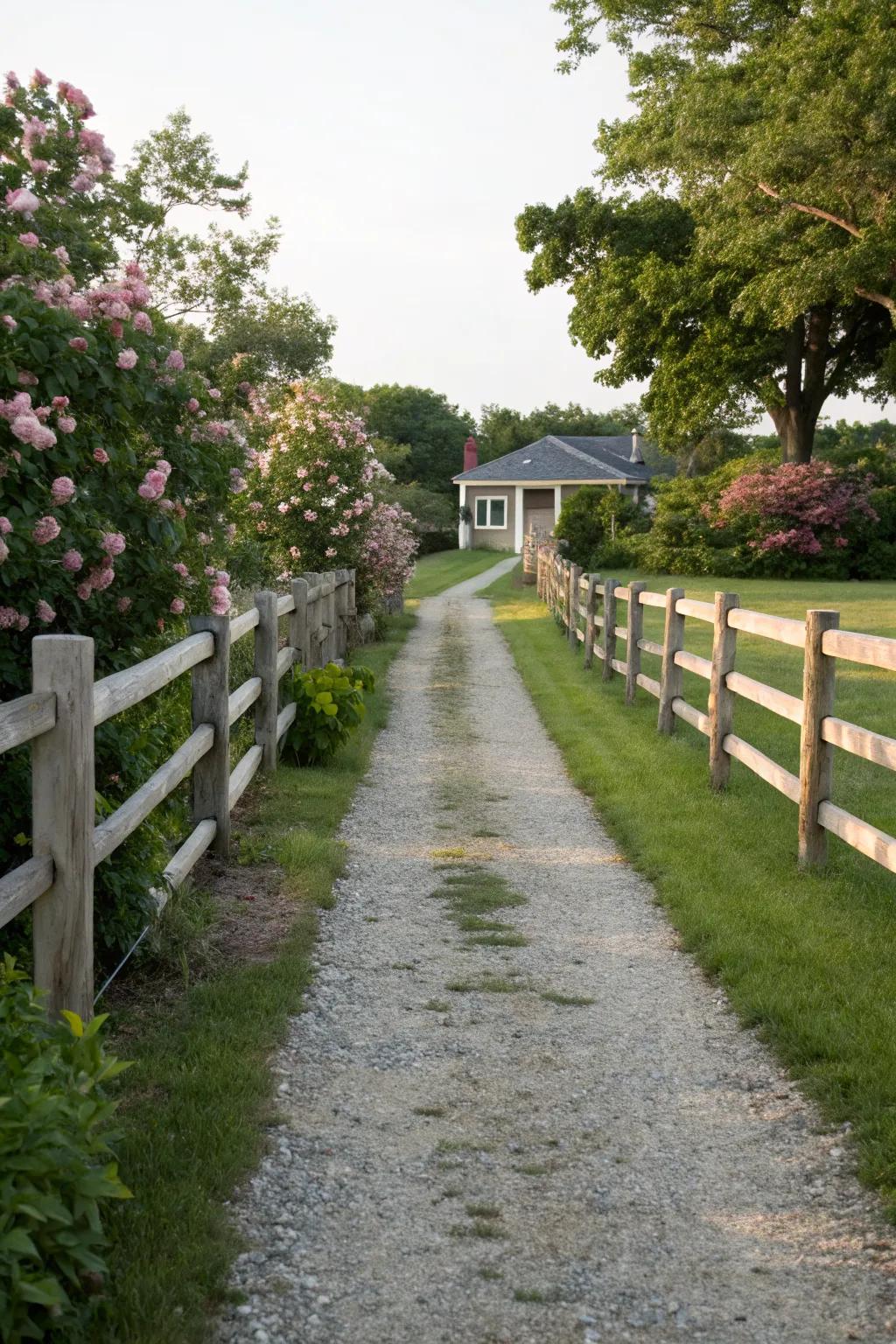 A tidy gravel path bordered by split rail fencing.