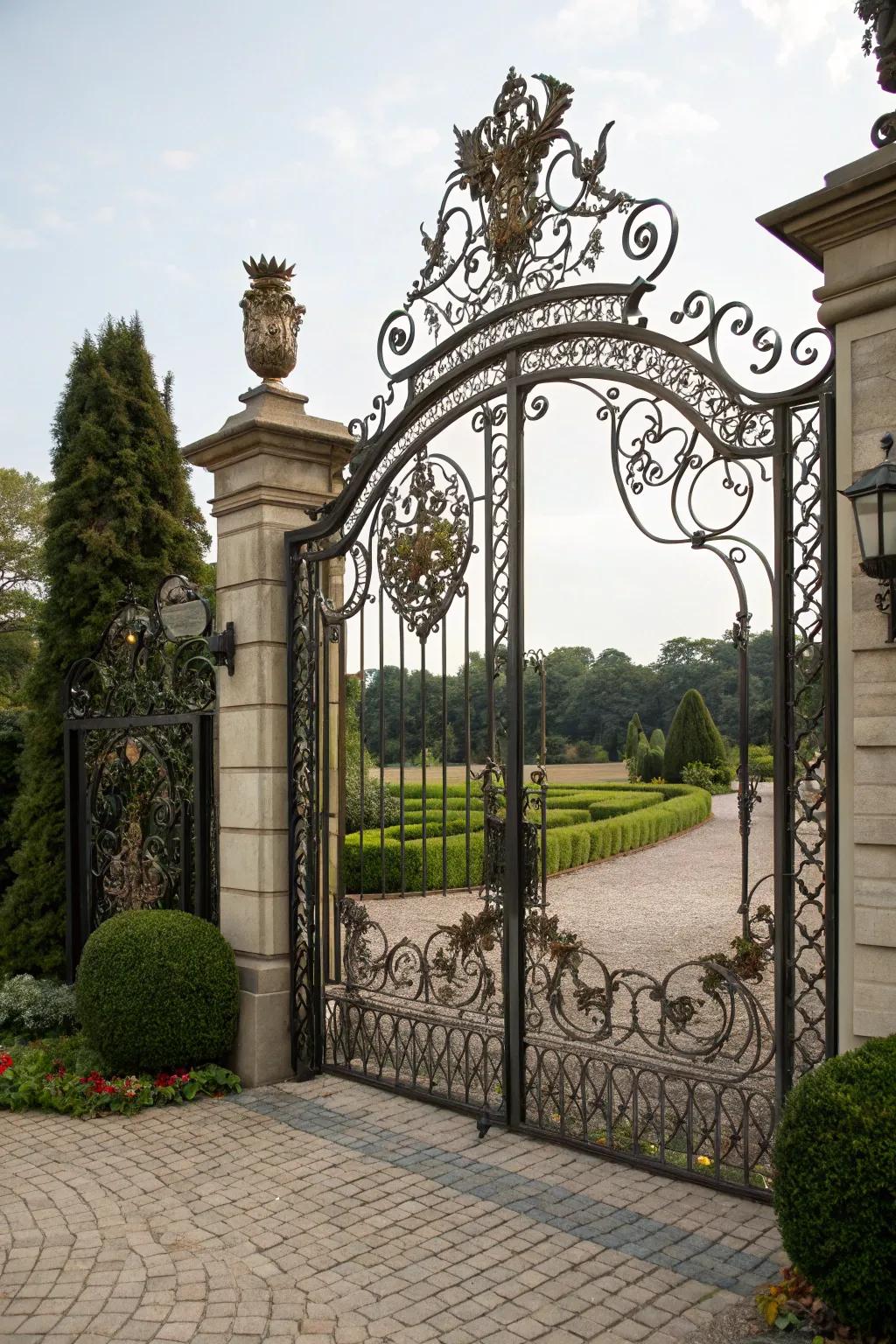 An ornate gate with intricate metalwork for an artistic touch.