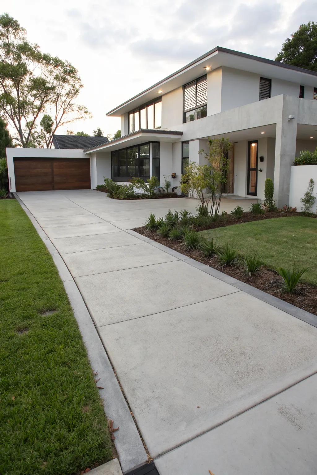 A modern home featuring a sleek concrete driveway extension