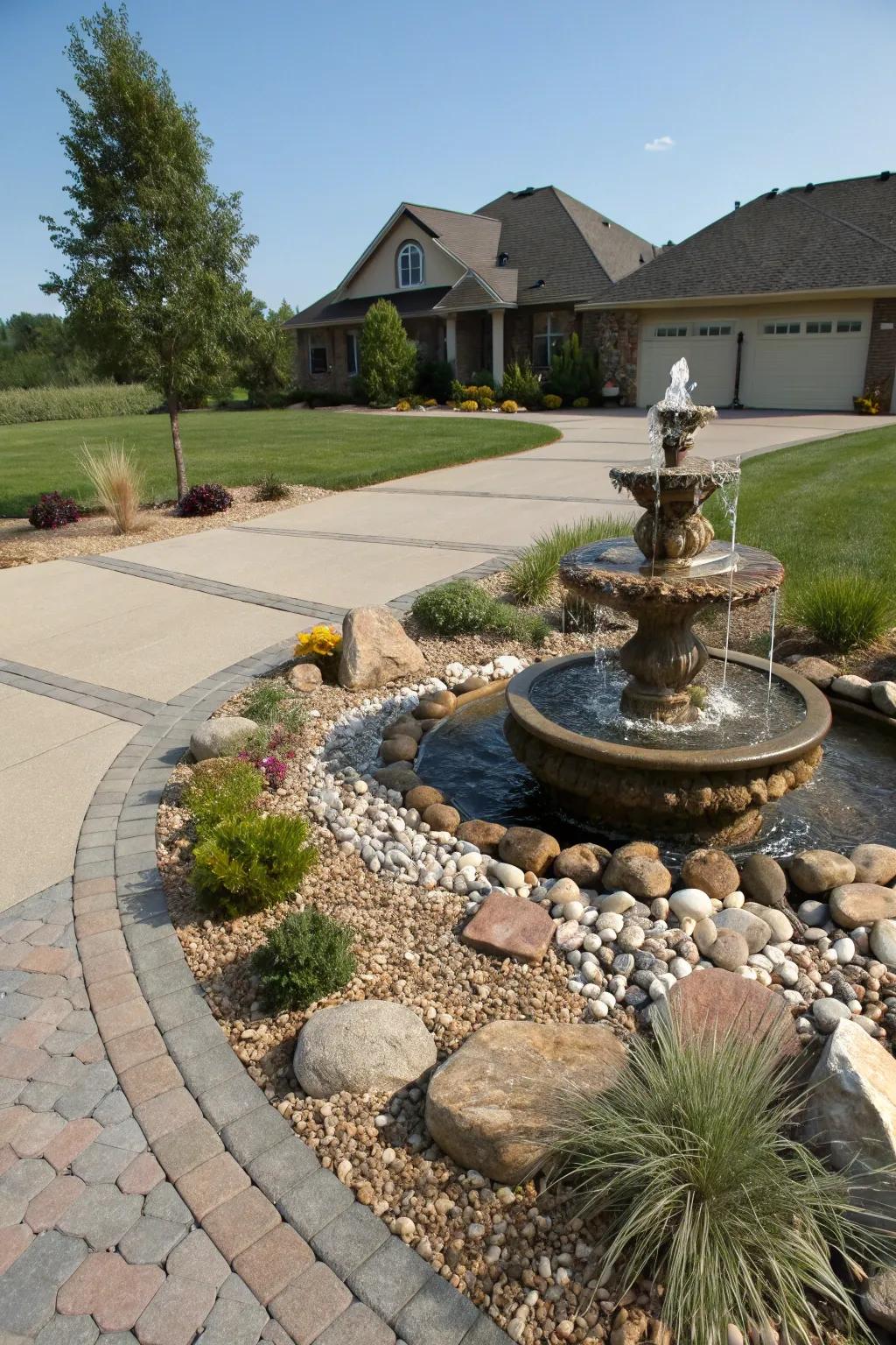 A mini water feature adds tranquility and movement to your driveway.