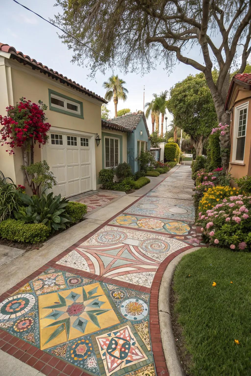 A driveway featuring a colorful and eye-catching mosaic style.
