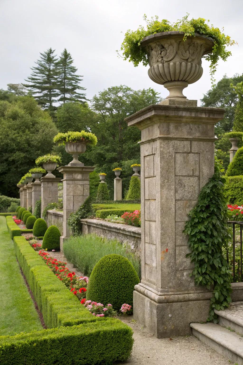 Planters on top of pillars bring a touch of nature to the entrance.