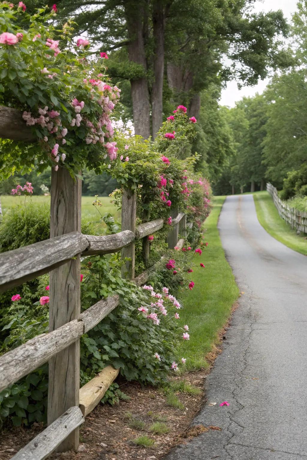 Climbing plants create a harmonious blend with a split rail fence.