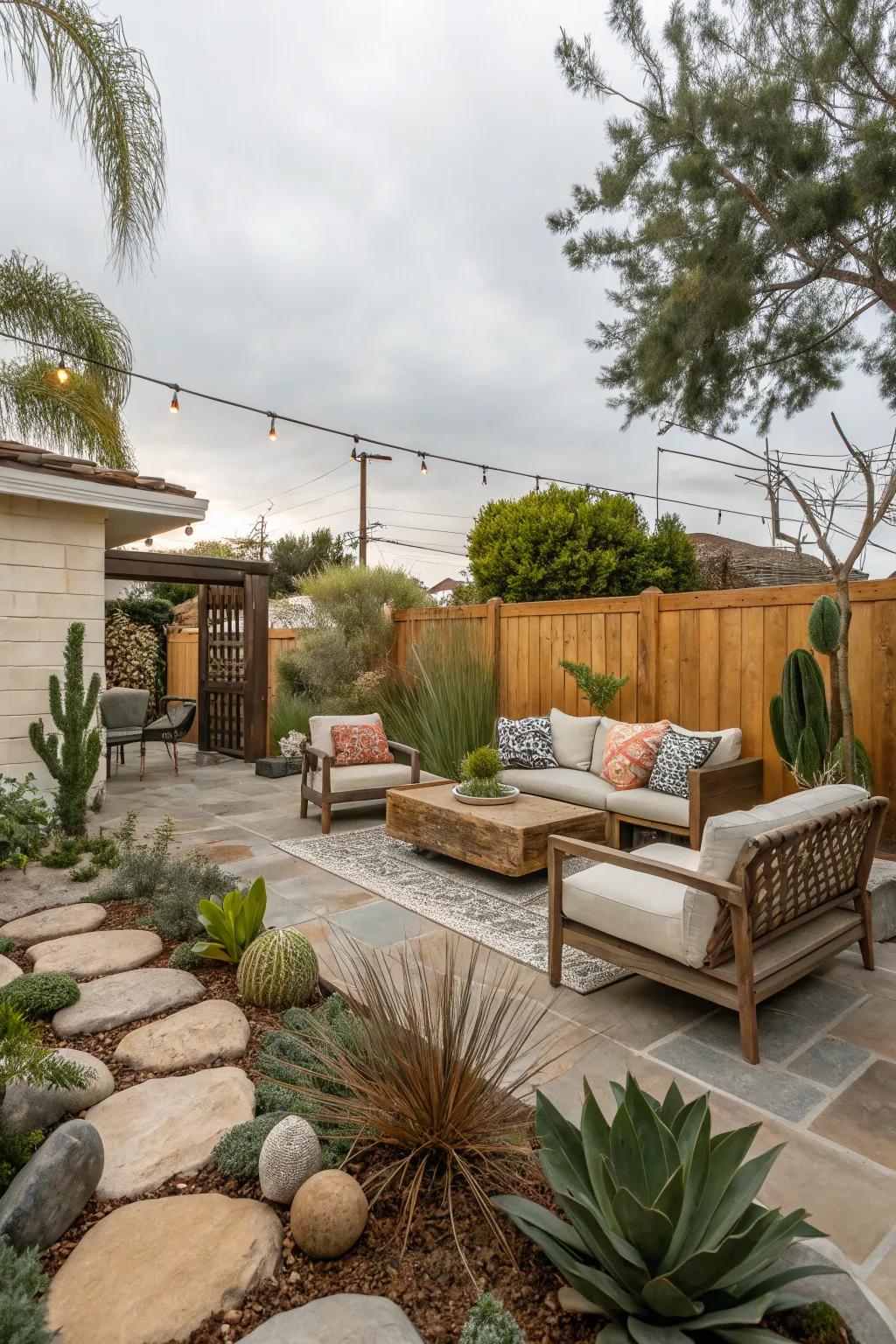 An outdoor living space surrounded by lush, drought-tolerant greenery.