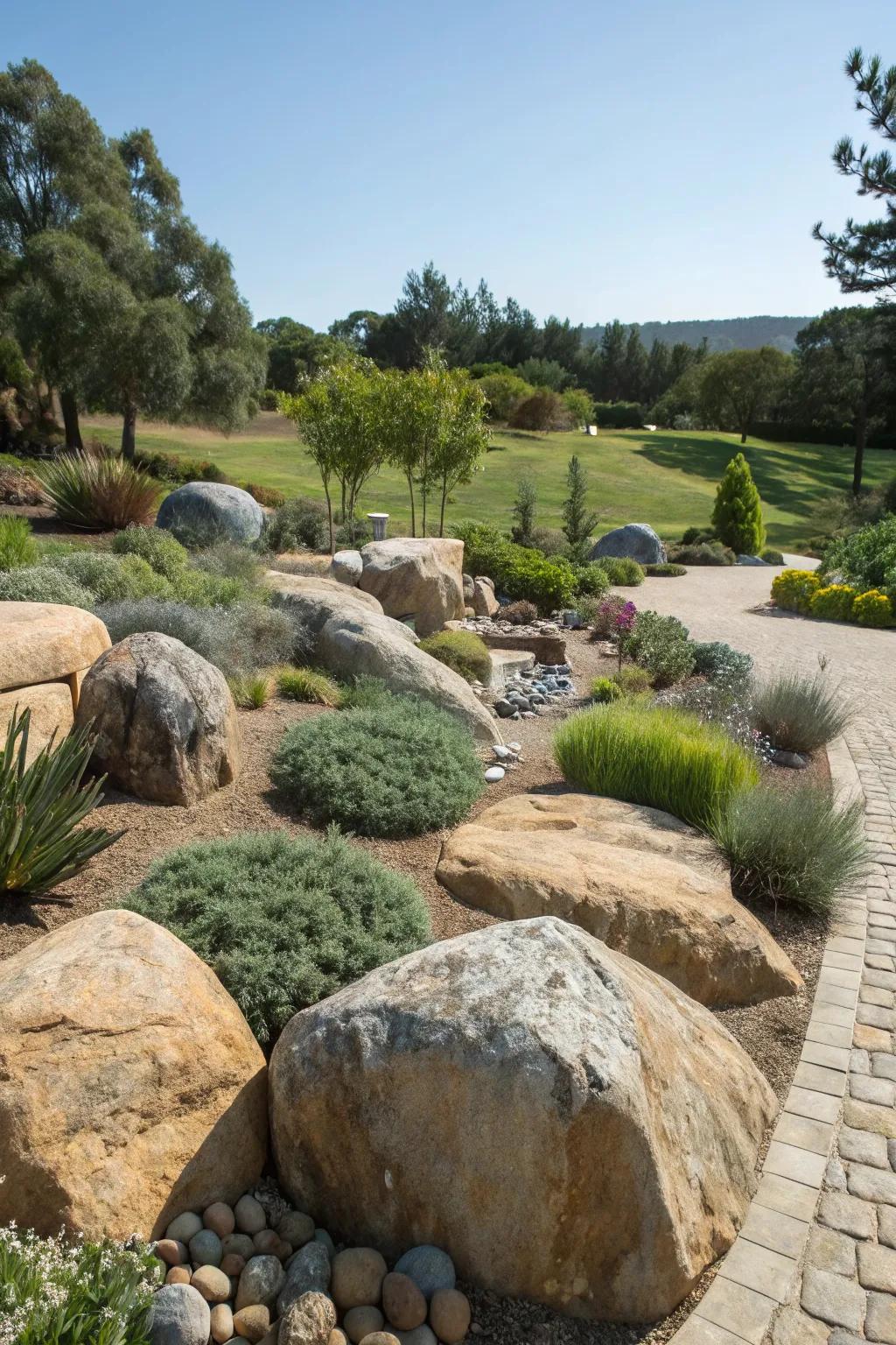 Rock features add drama and functionality to gardens.