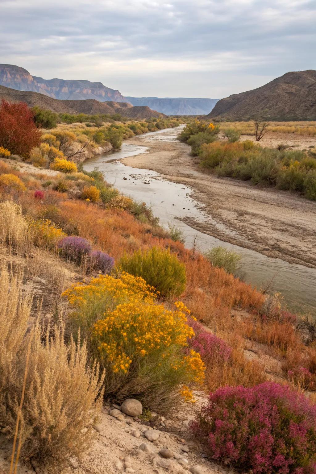 Native plants along the edges bring color and life to a dry river bed.