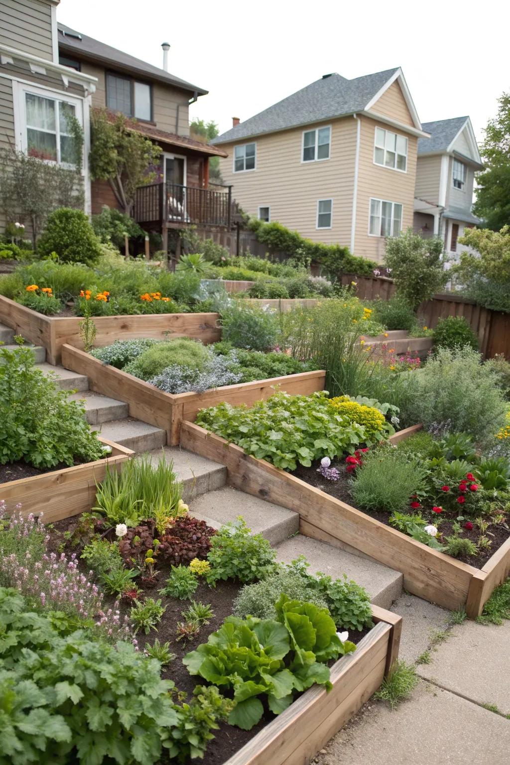 Tiered garden beds add depth and vibrancy to your duplex landscape.