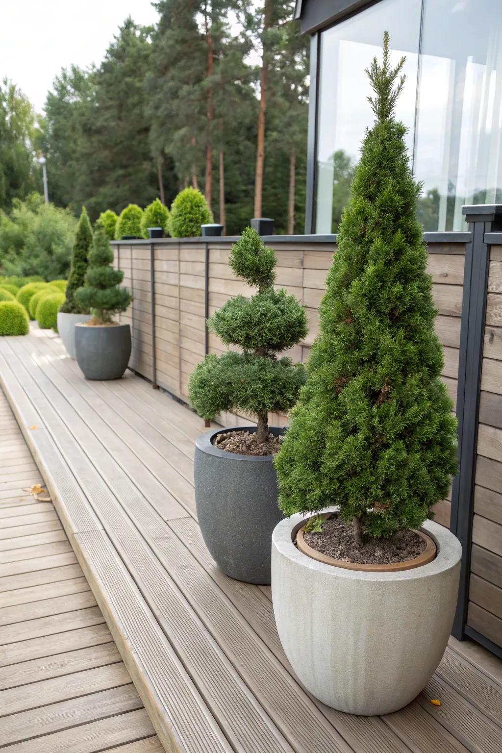 Dwarf Alberta spruce thriving in decorative containers.