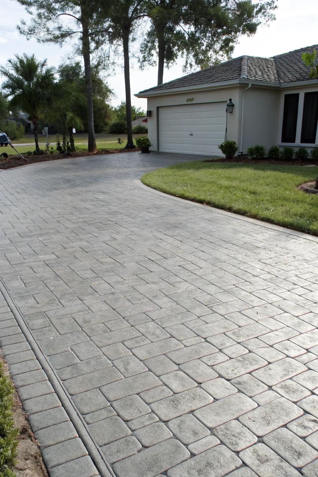 A sophisticated driveway featuring subtle gray brick pattern stamped concrete.