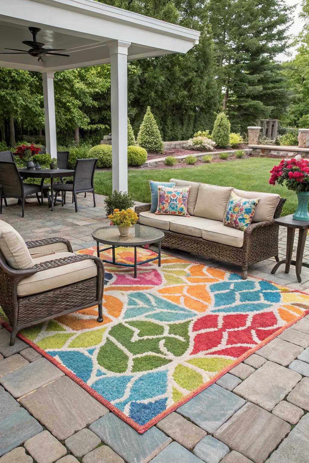 Outdoor rugs add comfort and style to patio spaces.