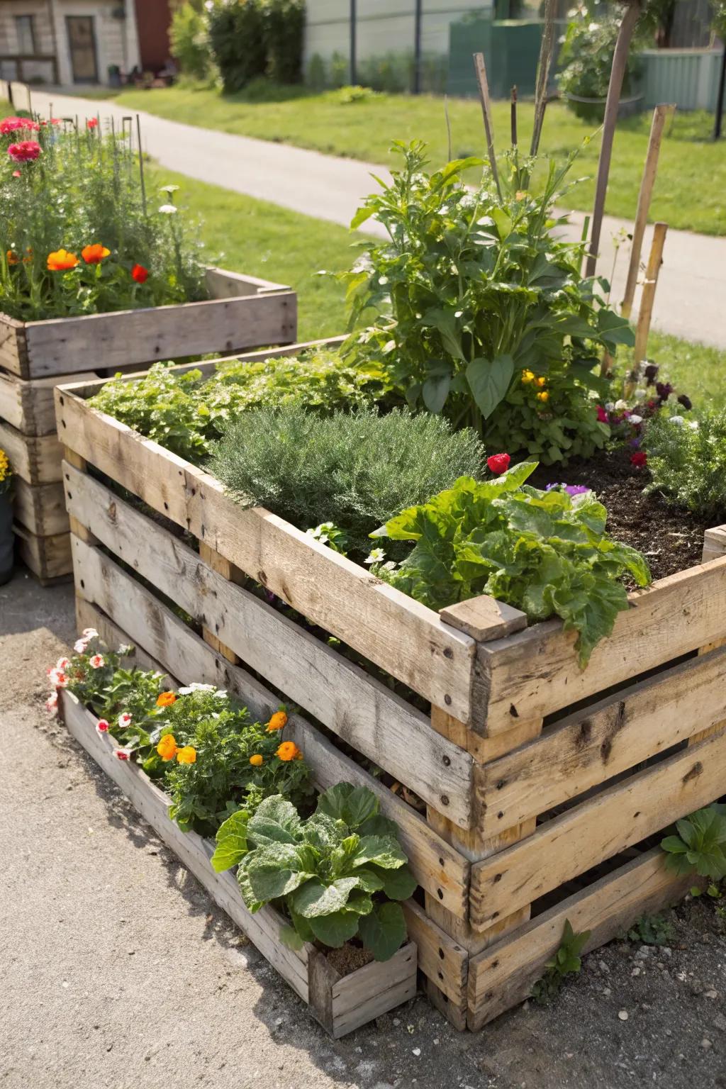 Repurposed pallets make cost-effective garden beds.
