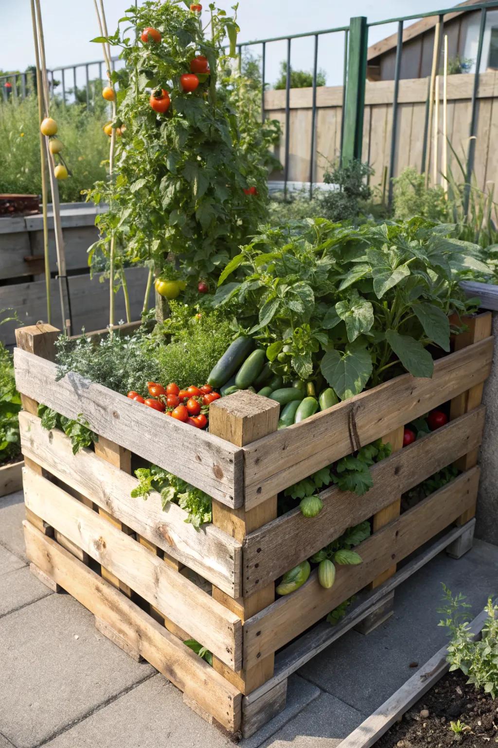 Eco-friendly gardening with repurposed pallets.