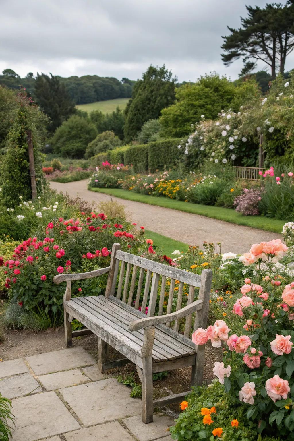 A serene seating area nestled among vibrant blooms offers a perfect relaxation spot.