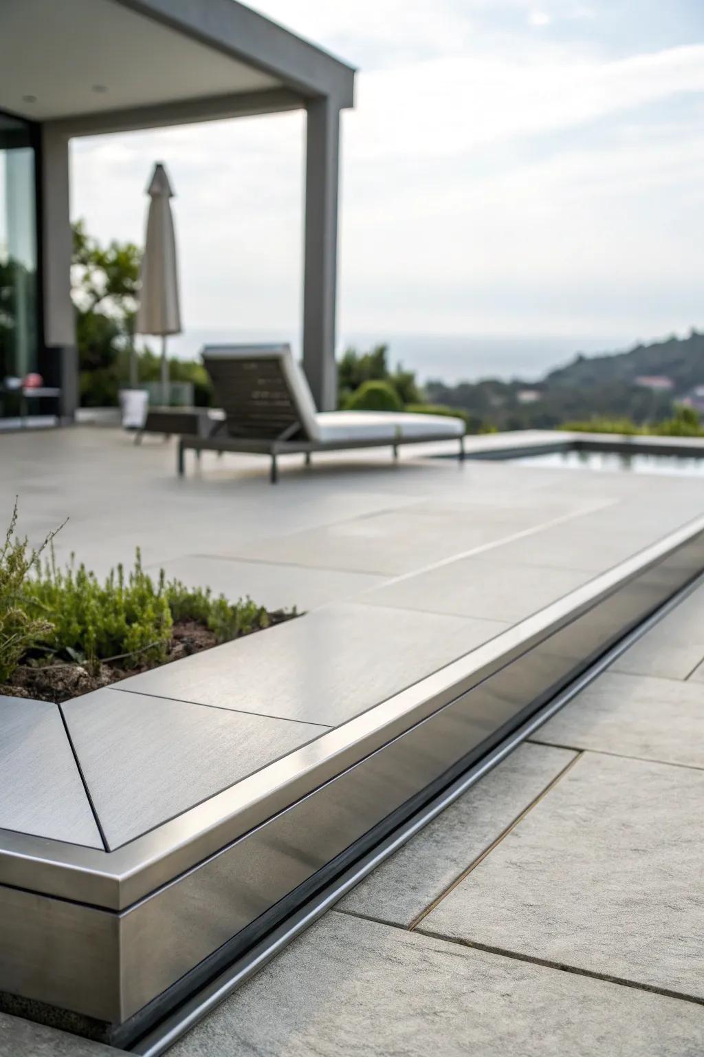 A modern patio highlighted with sleek metal edging for a contemporary look.