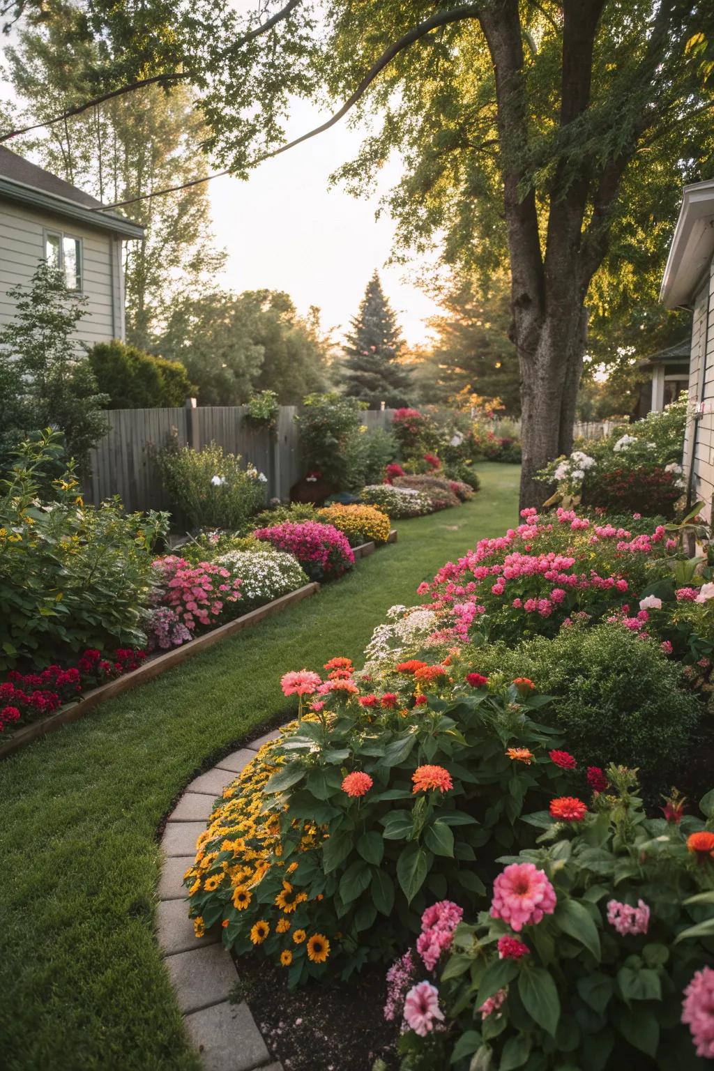 Beautiful garden beds in the backyard, filled with colorful flowers.