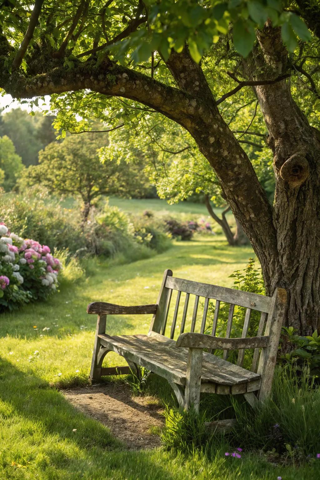 A rustic bench invites relaxation and reflection.