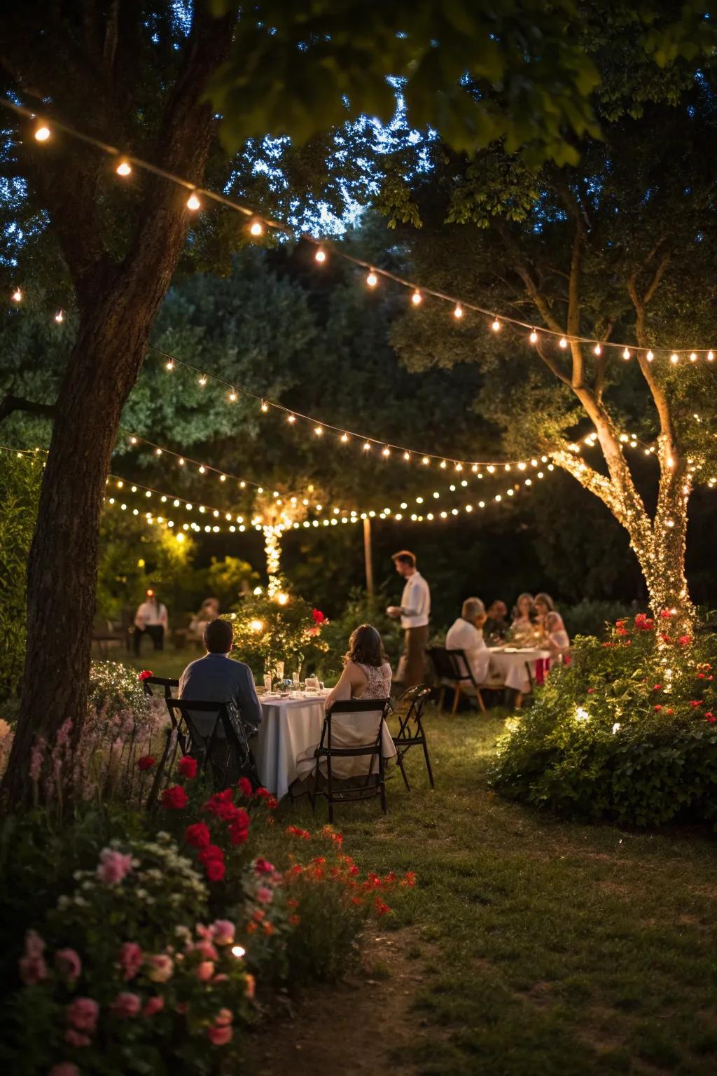 String lights cast a magical glow over the garden.
