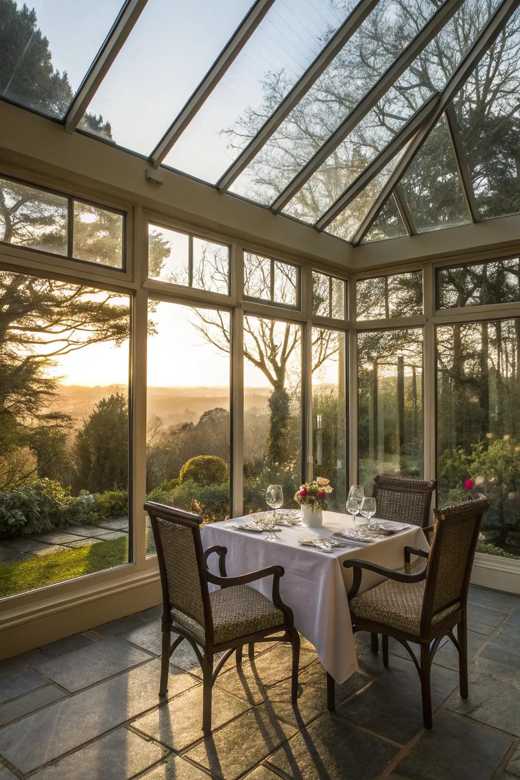 Dine with a view in an elegant glass sunroom.