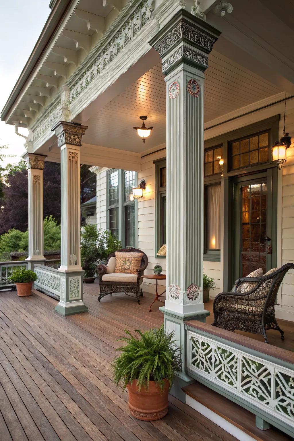 Decorative elements bring charm and elegance to the porch.
